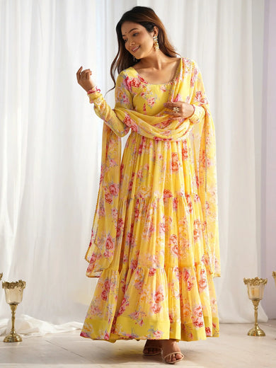 Stunning Yellow Floral Printed Georgette Event Wear Anarkali Suit